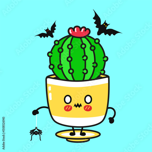 Kawaii Cactus character embracing spider, surrounded by flying bats, creating playful halloween themed graphic design element