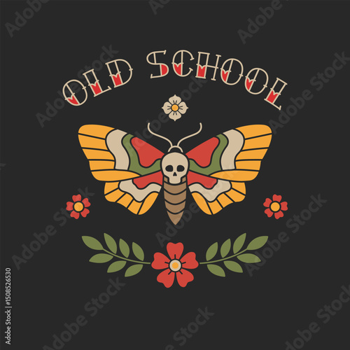 Perfect Old School Hawkmoth tattoo in traditional style for apparel print design. Temporary Hawkmoth boho butterfly tattoo design. Old school tattoo patch or sticker. Editable vector