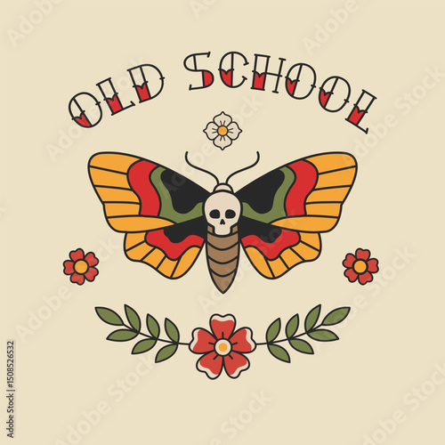 Old School Hawkmoth tattoo in traditional style for apparel print design. BohoHawkmoth butterfly Temporary  tattoo design. Old school tattoo patch or sticker. Editable vector