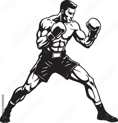 Powerful Boxer in Fighting Stance Black and White Illustration