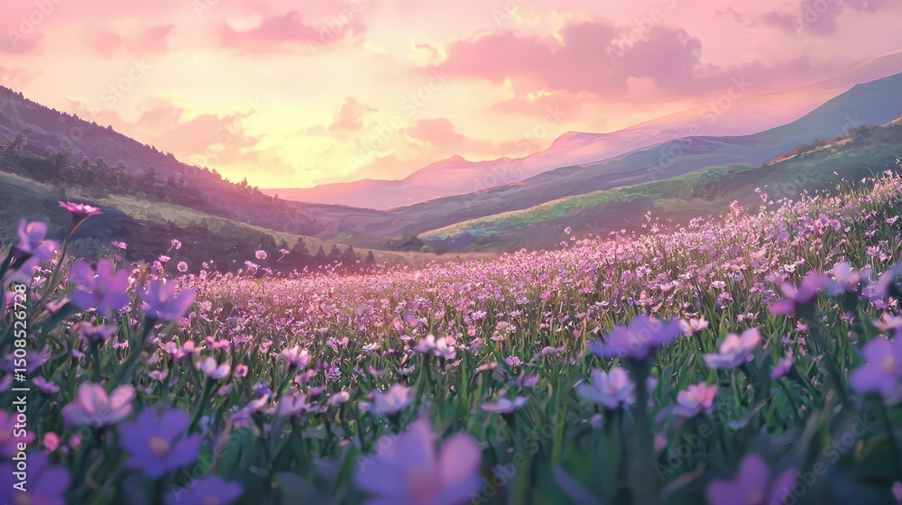 Fototapeta premium Vibrant sunset over flowering fields serene landscape nature scene peaceful environment aesthetic viewpoint