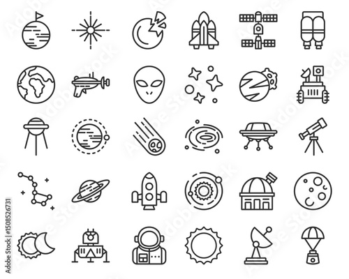 Array of space icons planets stars spacecraft and alien rendered as thin line art against a white backdrop