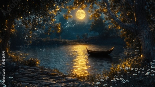 Moonlit river view with a boat surrounded by trees and flowers at night