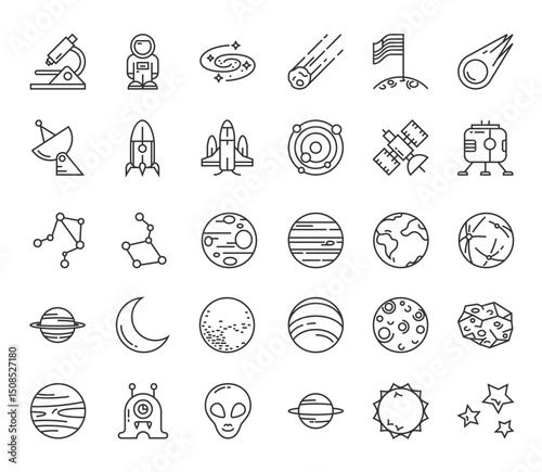 Spacethemed icons in outline microscope astronaut planets stars etc Simple linear style