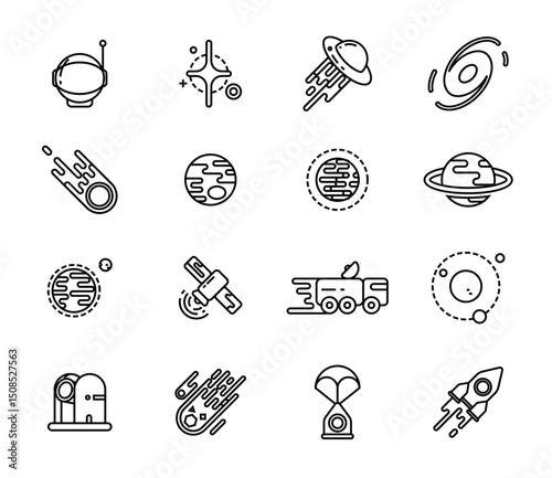 Sixteen simplistic space icons arranged in a square matrix on a white background