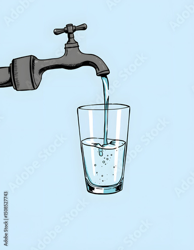 Crystal-clear water pouring into a glass against a soft azure backdrop, hand-drawn digital illustration. with white shades