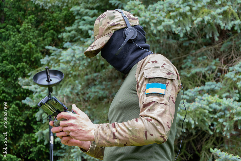 Fototapeta premium A Ukrainian drone operator wearing a mask and headphones works in forest conditions.