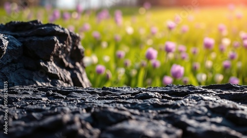 Rocky ground surface with a blurred background of a meadow filled with flowers.