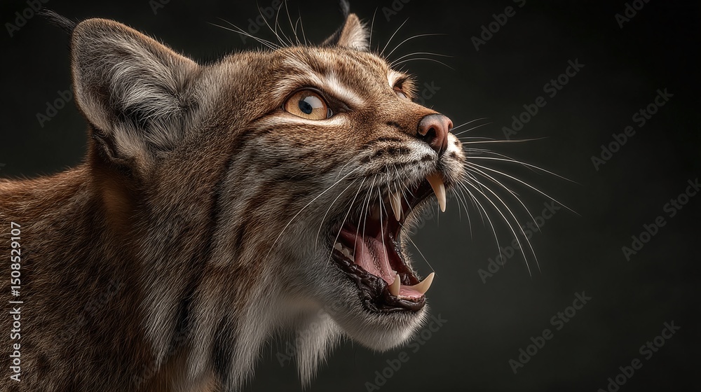 Fototapeta premium Feline Ferocity: A lynx shows its menacing side with an open mouth and bared fangs, captured in a dramatic studio shot.