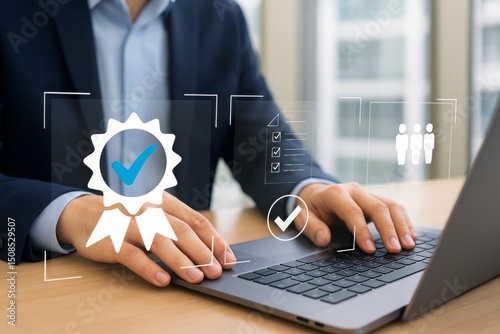 Businessman Working on Laptop with Quality Assurance Checkmark and Checklist Digital Overlay Successful Project Management Workflow Teamwork Concept Modern Business Technology Achievement trust office