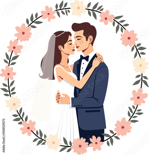 Smiling wedding couple in floral wreath. Perfect romantic illustration for invitations and celebration designs
