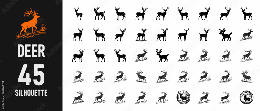 Naklejka premium 45 Deer Silhouette Artworks Black and White Artistic Collection