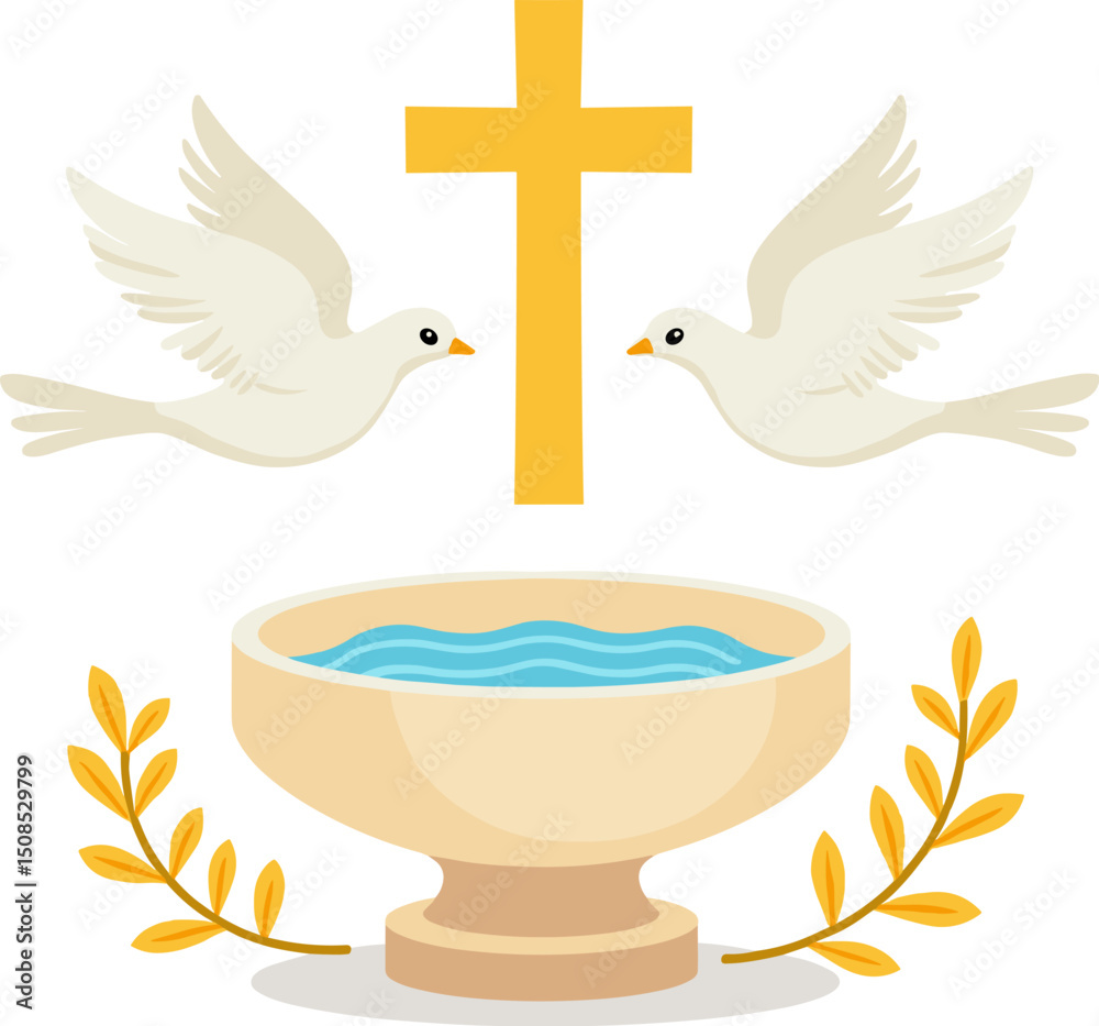 custom made wallpaper toronto digitalIllustration of a baptism scene with a golden cross, a baptismal font filled with water, two white doves flying above, and decorative yellow branches