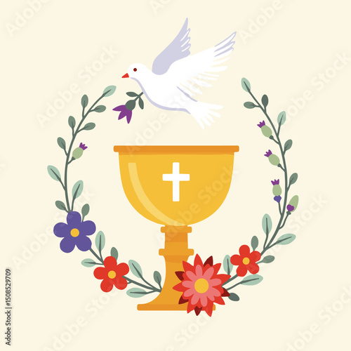 Decorative chalice and dove illustration surrounded by colorful flowers. Perfect for religious events and communion themes