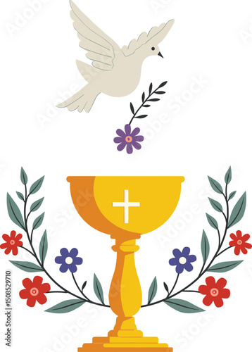 Elegant golden chalice with dove and floral decoration. Christian first communion or religious celebration symbol