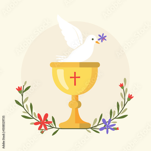 Golden chalice with cross and white dove carrying a flower, symbolizing first communion. Surrounded by floral elements