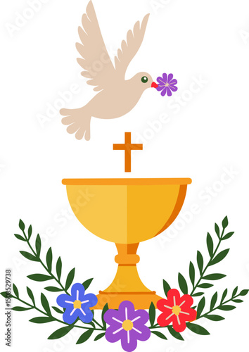 First communion chalice with cross and dove holding flower. Floral decorative element around the golden cup