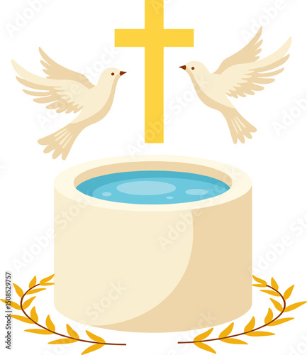 Illustration of a baptism scene with a golden cross, a baptismal font filled with water, two white doves flying above, and decorative yellow branches