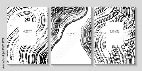 Set of black and white templates with wavy wooden texture. Annual tree rings. Backgrounds with grunge curved lines. Organic eco pattern. Collection of templates for business cards, cover