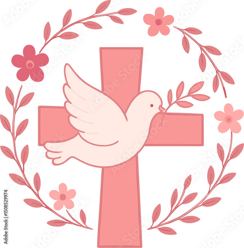 Light pink cross with floral circle and soft dove illustration, symbol of peace and spirituality on pink background.