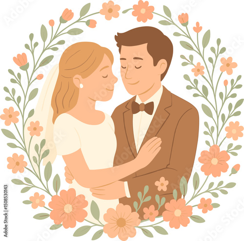 Charming vector of a bride with blonde hair and groom sharing a tender moment, surrounded by pastel floral elements.