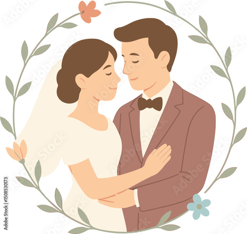 Elegant wedding couple illustration with groom in brown suit and bride in white dress, surrounded by a floral wreath on white background.