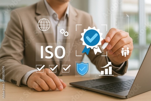 Businessman Approves ISO Certification Standard Quality Assurance Management System Global Compliance Digital Technology Modern Business Success Strategy Efficient Workflow  Professional Development  