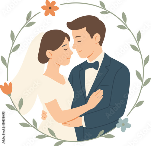 Vector wedding illustration of bride and groom embracing tenderly, framed by a round floral wreath with soft pastel tones