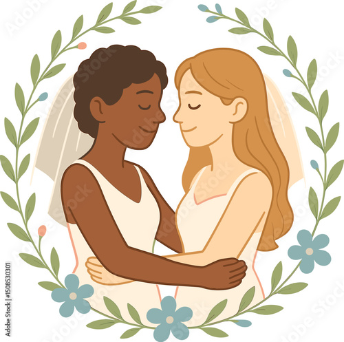 Illustration of two brides embracing surrounded by a floral wreath