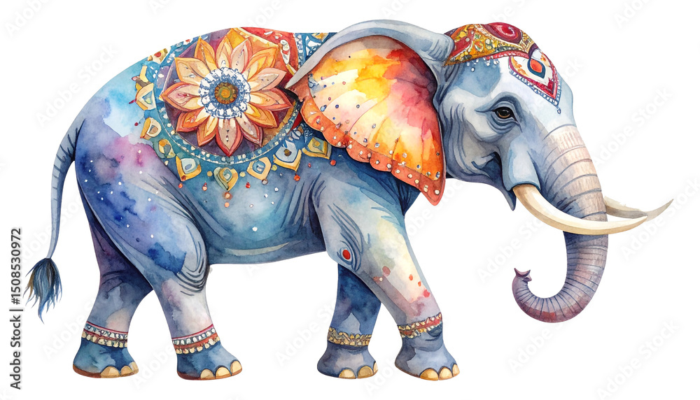 Obraz premium An artistic, side-profile watercolor of an elephant adorned with subtle mandala-style patterns on its ears and back, blending tradition and wildlife beauty — perfect for a symbolic or cultural tribute