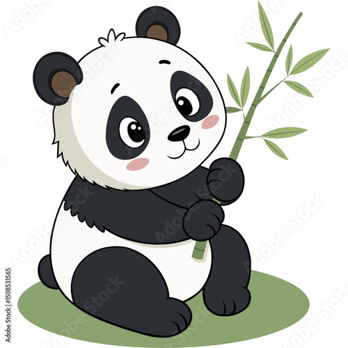 baby panda with bamboo stick in flat color block editable vector illustration