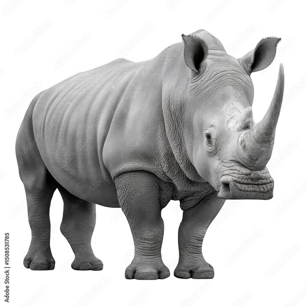 Fototapeta premium Gray Rhinoceros, Large Mammal, Animal Portrait, Wildlife Illustration, Black and White