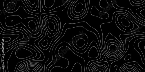 Abstract white on black background with Topographic line map pattern. abstract wavy and curved lines background. linear map. Dark seamless design. Bold tile able isolines pattern. Vector illustration.
