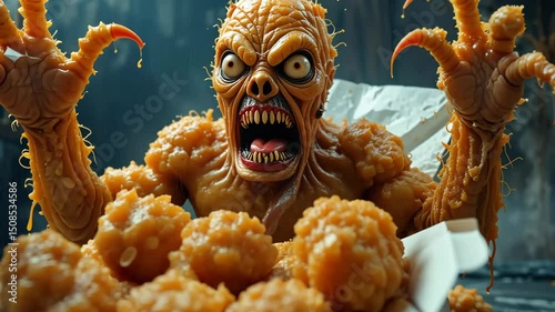 Terrifying mutant monster with exposed teeth screaming in fast food setting surrounded by fried chicken pieces on table, horror-comedy vibe. Concept of grotesque fast food creature