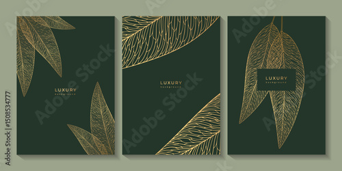Set of floral templates with linear leaf epidermis texture. Luxury dark green backgrounds with golden leaf veins. Botanical posters, invitation