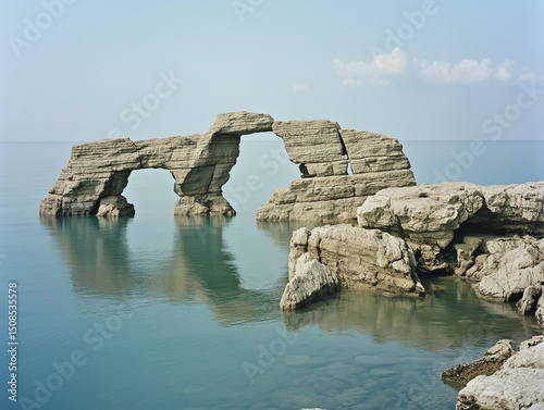 Natural rock arch reflecting on the calm sea of crimea
