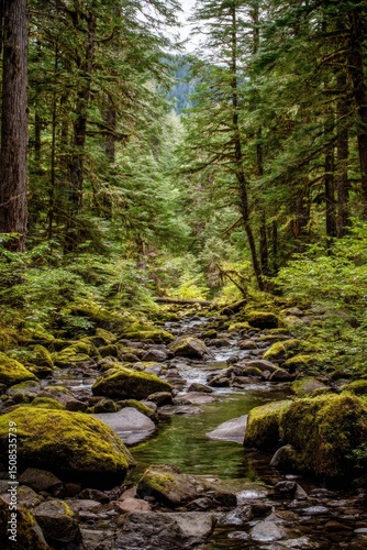 Forest Stream With Mossy Rocks
