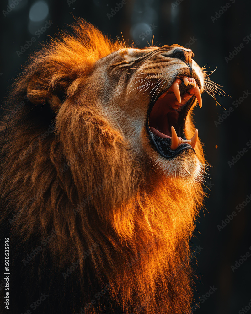 Naklejka premium Majestic Lion Roaring with Golden Mane. A majestic lion roars, showcasing its impressive teeth and golden mane in stunning detail against a blurred dark background.