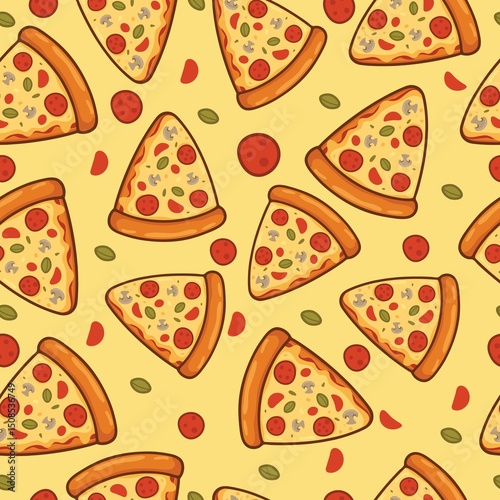 cute pizza slice seamless pattern on yellow background .