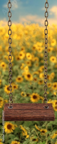 Wooden Swing in a Sunflower Field