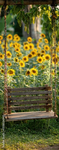 Wooden Swing In A Sunflower Field