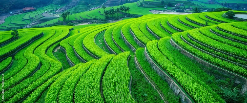 Fototapeta premium Vibrant green rice paddies blanket Tram Tau District's landscape in Yen Bai, Vietnam, Vietnam, irrigation