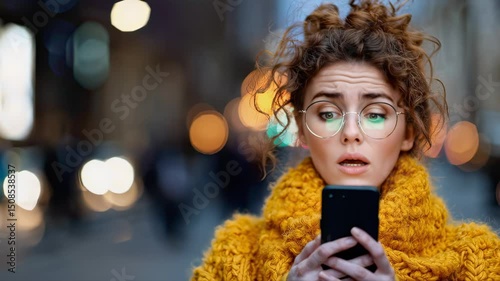 shocked woman looking at smartphone in city street