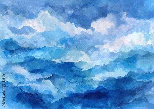 Abstract Watercolor Mountain Landscape In Shades Of Blue