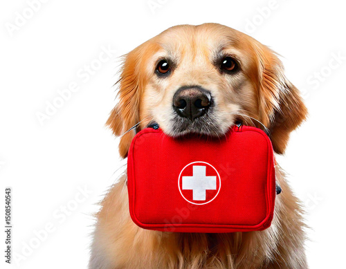 a golden retriever holding a red first aid kit in its mouth  png