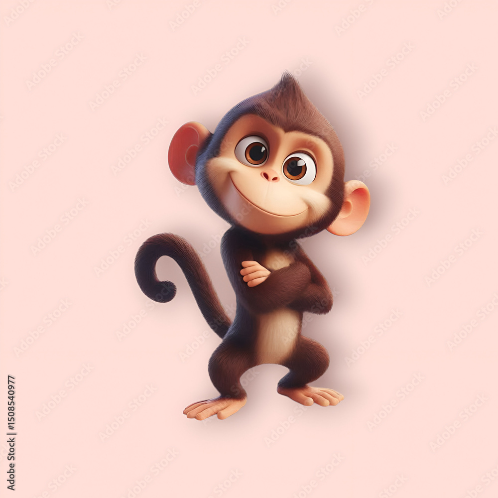 Fototapeta premium Cheerful Cartoon Monkey Posing Against a Pastel Background