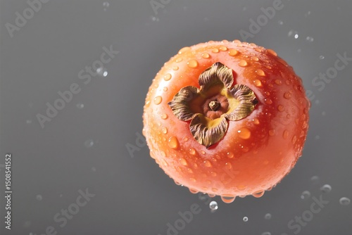 Juicy Ripe Persimmon Fruit with Water Droplets A Vibrant Close-Up Photo