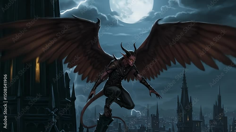 Dark gothic cityscape night scene with winged creature on tower illustration