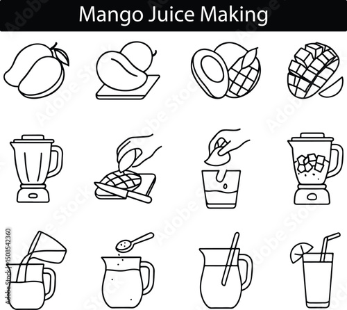 Mango Juice Making Process Icons Set – Fruit Juice Production Line Illustration