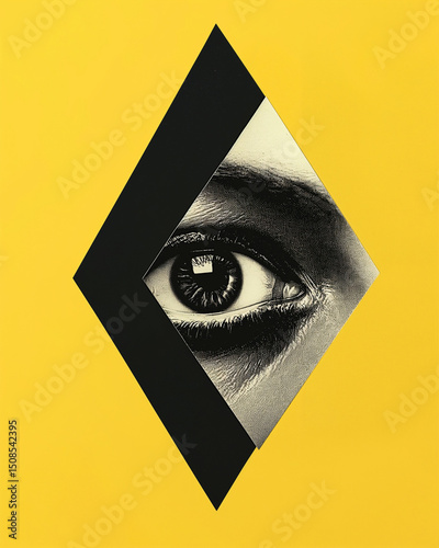 Human Eye Inside Black rhombus on Yellow Background Representing Perception, Vision, and Awareness. Generative AI